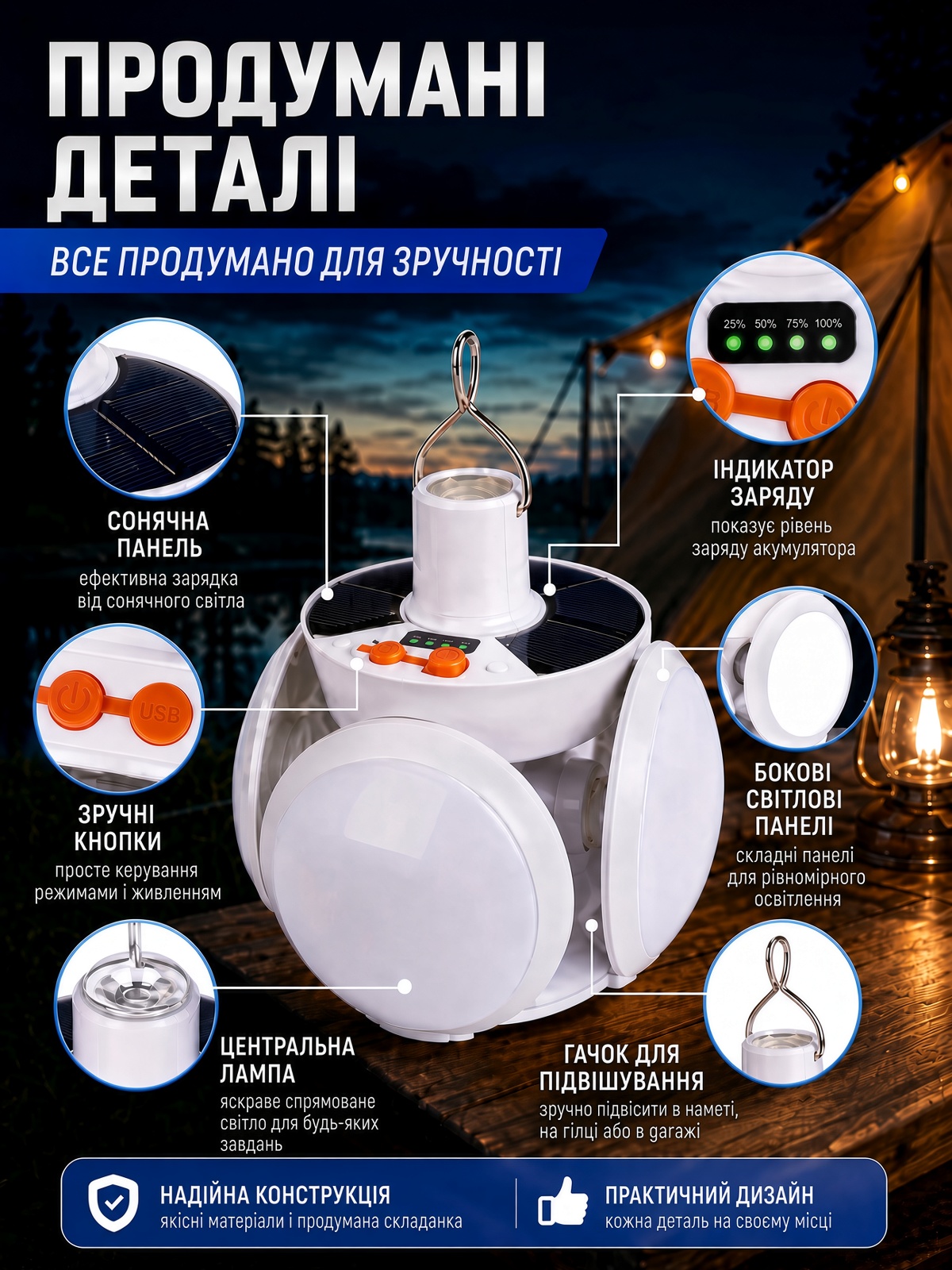 Акумуляторний LED світильник з сонячною панеллю фото